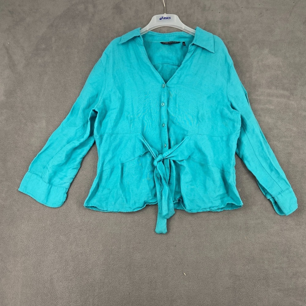 Zozo Shirt Womens XL Aqua Silk V Neck Tie Waist Button Front Everyday Wear